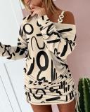 Chain Patchwork Off-Shoulder Printed Drawstring-Pleated Dress