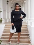 Plus Size Women deep U-neck long sleeve ruffled bodycon dress