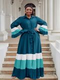 Plus Size Women color matching ruffled Bell Bottom sleeve Turndown Collar pleated chiffon dress