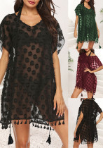 Women Sexy See-Through Polka dot jacquard chiffon beach bikini cover-up dress