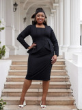 Plus Size Women deep U-neck long sleeve ruffled bodycon dress