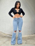 Women Ripped Stretchy Denim Wide-Leg Pants
