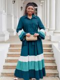 Plus Size Women color matching ruffled Bell Bottom sleeve Turndown Collar pleated chiffon dress