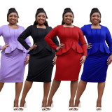 Plus Size Women deep U-neck long sleeve ruffled bodycon dress