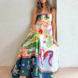 Women Elegant Print Suspender Dress