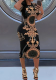 Women Casual Luxurious Gold Print Elegant Maxi Dress
