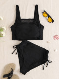 Women solid mesh patchwork drawstring Two Pieces Swimwear