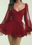 Women sexy hollow lantern sleeve v-neck off-shoulder dress