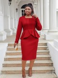 Plus Size Women deep U-neck long sleeve ruffled bodycon dress