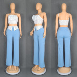 Women Striped Strapless Suspender Top and Pants Two-Piece Set