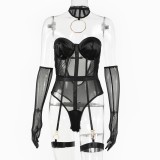 Sexy Chocker Strapless Women's Bodysuit with Leg Ring Lingerie Set