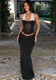 Women Summer Sexy See-Through Contrast Halter Neck Top and Skirt Two-Piece Set