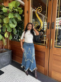 Women Half Star Patch Washed Denim Skirt