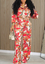 Autumn Spring Printed Long Sleeve Shirt Wide-Leg Pants Two Piece Set