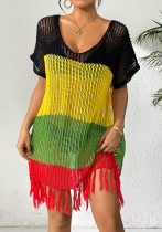 Women lace-up bow contrast color Patchwork sexy hollow beach bikini cover-up dress