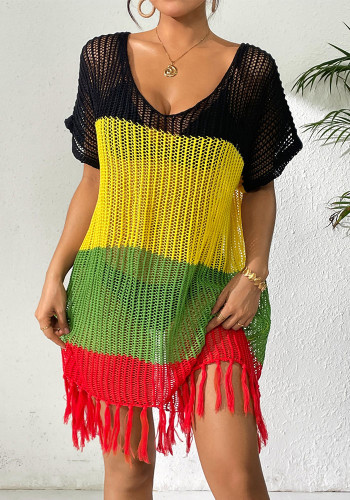 Women lace-up bow contrast color Patchwork sexy hollow beach bikini cover-up dress