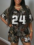 Women Letter Print Top Casual Shorts Sports Two-piece Set