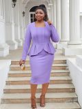Plus Size Women deep U-neck long sleeve ruffled bodycon dress