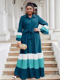 Plus Size Women color matching ruffled Bell Bottom sleeve Turndown Collar pleated chiffon dress