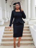 Plus Size Women deep U-neck long sleeve ruffled bodycon dress