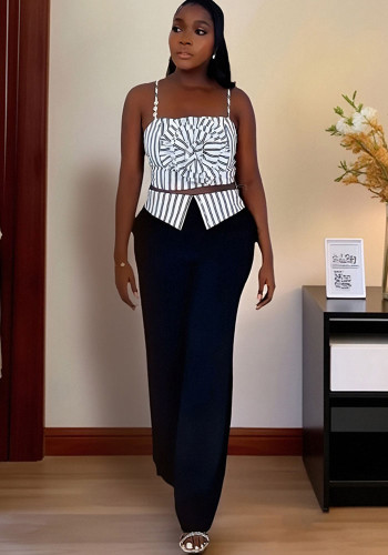 Women Striped Strapless Suspender Top and Pants Two-Piece Set