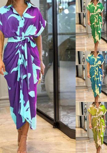Women Turndown Collar Maxi short-sleeved shirt dress