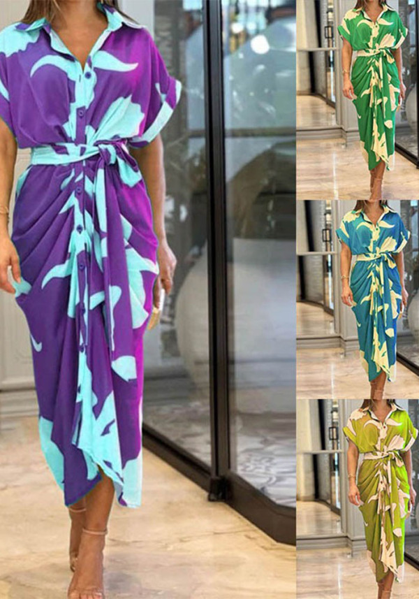 Women Turndown Collar Maxi short-sleeved shirt dress