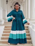 Plus Size Women color matching ruffled Bell Bottom sleeve Turndown Collar pleated chiffon dress