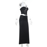 Women Summer Sexy See-Through Contrast Halter Neck Top and Skirt Two-Piece Set