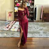 Women Summer Hollow Off Shoulder Sexy Slit Dress