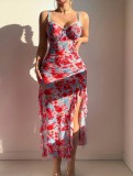 Mesh Straps Floral Dress & Thong Pajama Set