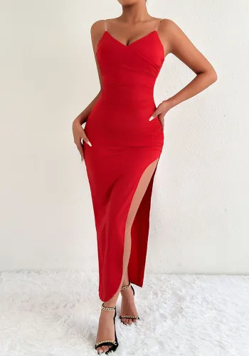 Women V-neck Sexy Backless Slit Suspender Sleeveless Dress