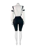Fashion women's contrast color drawstring Slim Waist zipper Crop long sleeve Top shorts set