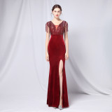 Summer Formal Sequin Upper v-Neck Tassels Slit Evening Dress