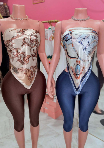 Fashion Women's Printed Strapless Sexy Two Piece Shorts Set