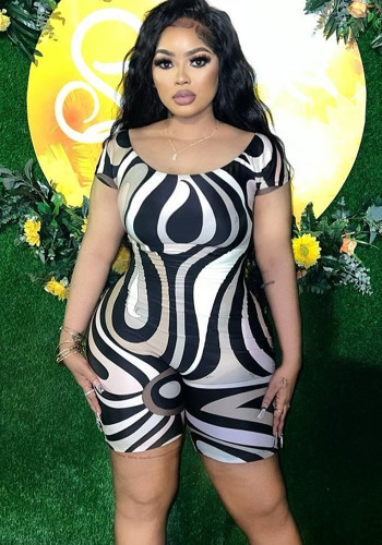 Summer trendy striped geometric pattern Round Neck short sleeve Jumpsuit