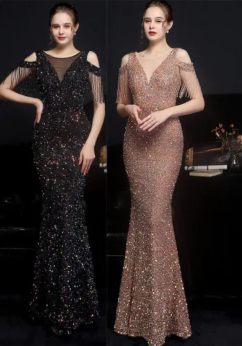 Summer formal sequin cutout shoulder tassel evening dress