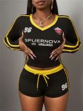 Fashionable slim sexy elastic print sports v-neck long-sleeved top shorts set for women