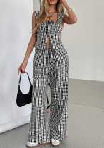 Women's elegant sleeveless square neck Strap vest top and plaid wide-leg pants set
