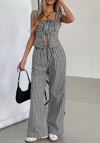 Women's elegant sleeveless square neck Strap vest top and plaid wide-leg pants set