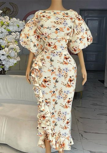 Women's summer print Off Shoulder puff sleeve high waist Slim Dress