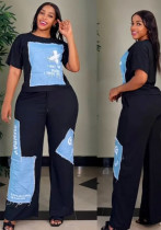 Women's Short Sleeve Two Piece Pants Set with Denim Patch