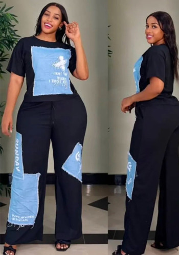 Women's Short Sleeve Two Piece Pants Set with Denim Patch