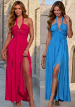 Women's summer sexy Lace-Up Low Back Slim Waist Halter Neck slit long dress