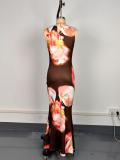 Summer Fashion Sleeveless Strap Print Long Slim High Waist long dress