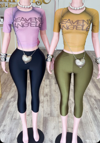 Fashion Mesh Letter Printed Short Crop Half Sleeve T-shirt Fashion Two Piece Shorts Set