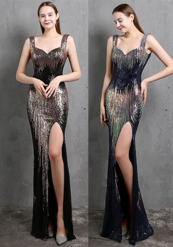 Formal Sequin Slit Sleeveless Mermaid Evening Dress