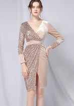 Autumn Formal Patch Sequin Wrap Cocktail Dress