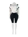 Fashion women's contrast color drawstring Slim Waist zipper Crop long sleeve Top shorts set