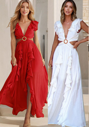Sexy slim Low Back women's Bohemian Holidays V-neck ruffled slit long dress